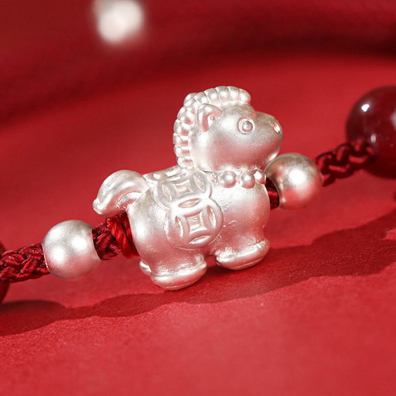 999 Sterling Silver Red Agate Year Of The Horse Prosperity String Bracelet