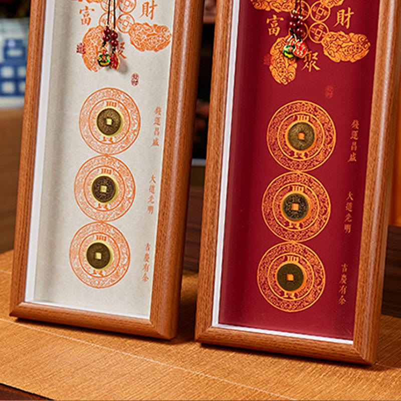 Copper Coins Cinnabar Attract Fortune Blessing Photo Frame Ornament Home Decor