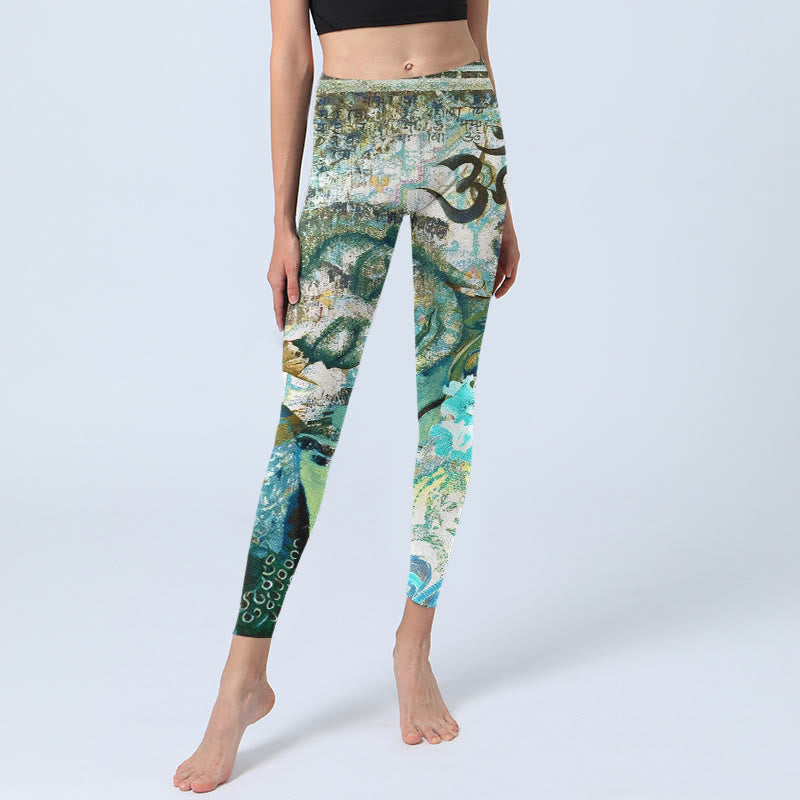 Om Symbol Human Figure Peacock Lotus Pattern Print Gym Leggings Women's Yoga Pants