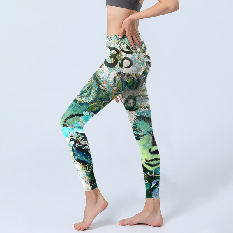 Om Symbol Human Figure Peacock Lotus Pattern Print Gym Leggings Women's Yoga Pants