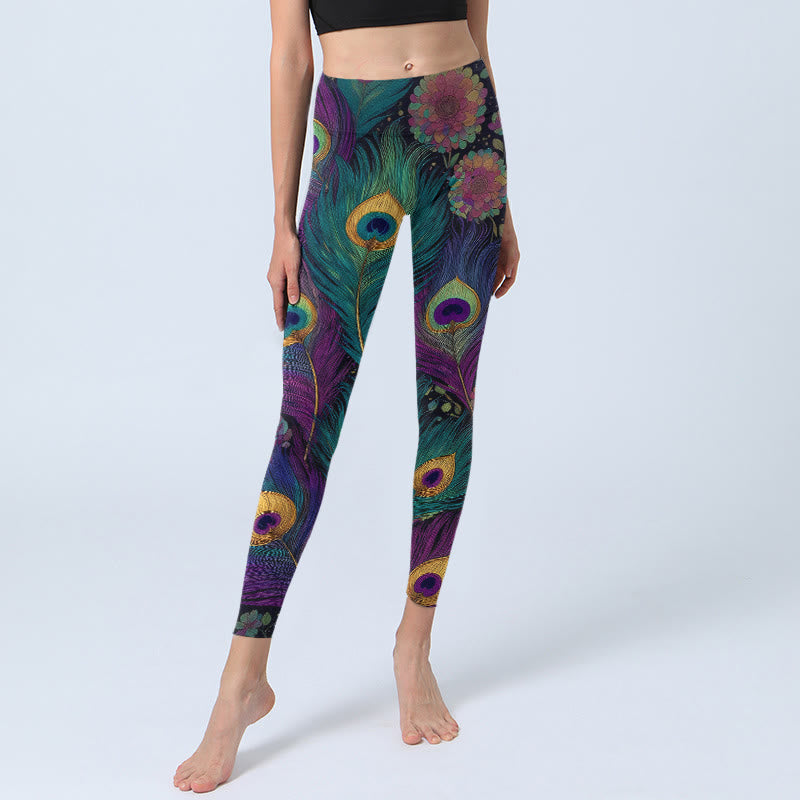 Gorgeous Peacock Feather Flower Pattern Print Gym Leggings Women's Yoga Pants