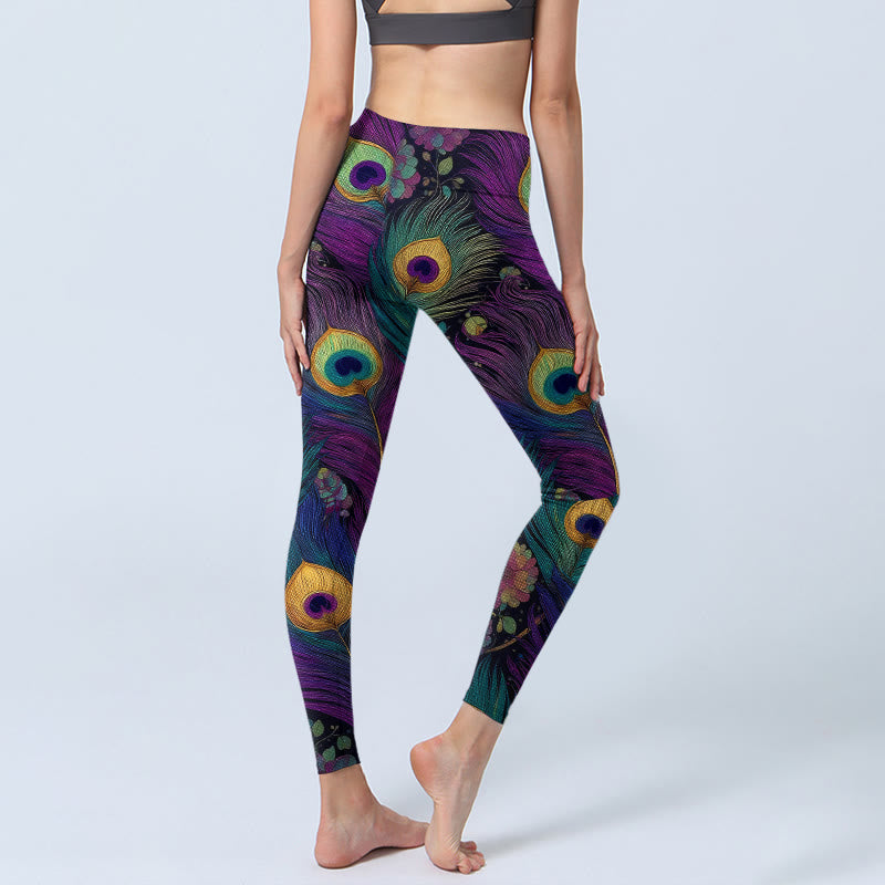 Gorgeous Peacock Feather Flower Pattern Print Gym Leggings Women's Yoga Pants