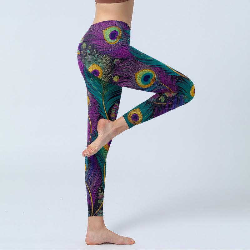 Gorgeous Peacock Feather Flower Pattern Print Gym Leggings Women's Yoga Pants