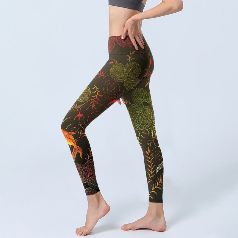 Colorful Koi Fish Water Ripples Plant Pattern Print Gym Leggings Women's Yoga Pants