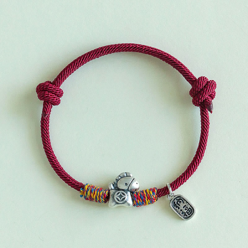 999 Sterling Silver Year Of The Horse Fu Character Attract Fortune String Rope Luck Bracelet