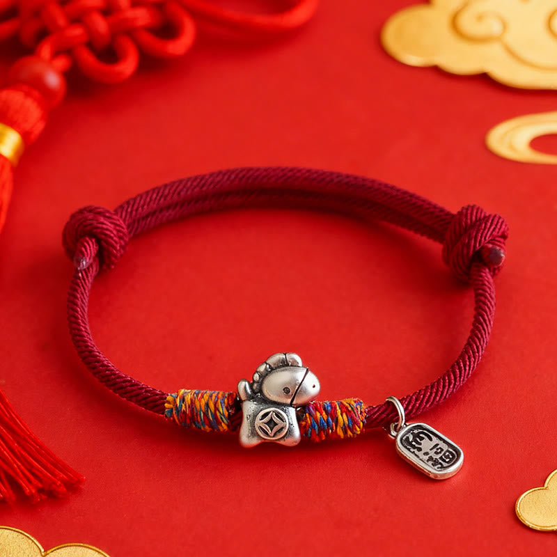 999 Sterling Silver Year Of The Horse Fu Character Attract Fortune String Rope Luck Bracelet