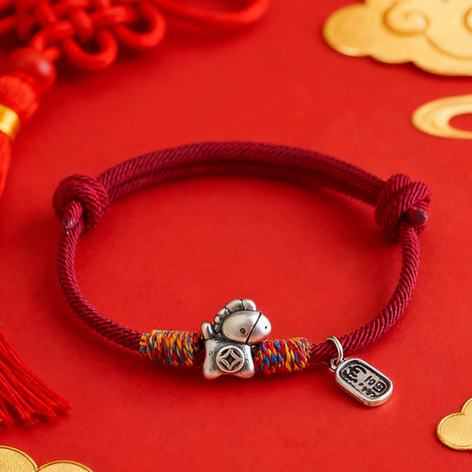 999 Sterling Silver Year Of The Horse Fu Character Attract Fortune String Rope Luck Bracelet