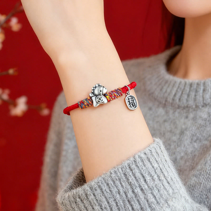 999 Sterling Silver Year Of The Horse Fu Character Attract Fortune String Rope Luck Bracelet