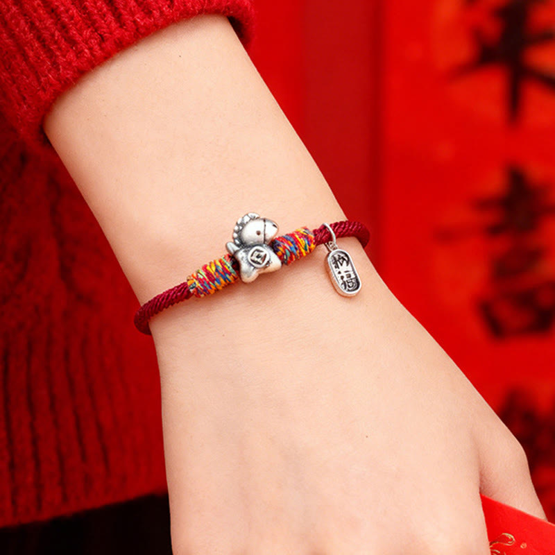 999 Sterling Silver Year Of The Horse Fu Character Attract Fortune String Rope Luck Bracelet