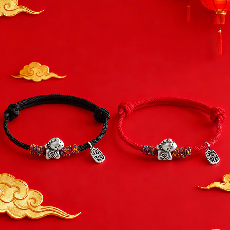 999 Sterling Silver Year Of The Horse Fu Character Attract Fortune String Rope Luck Bracelet