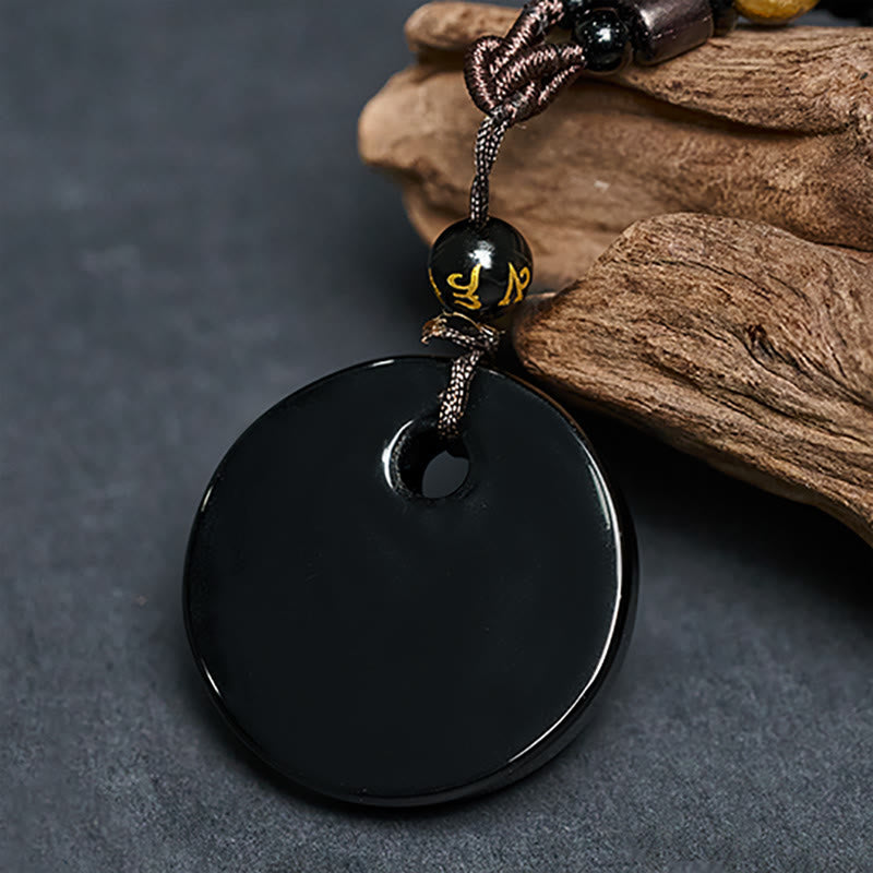 Yin Yang Symbol Om Mani Padme Hum Black Obsidian Strength Necklace Pendant