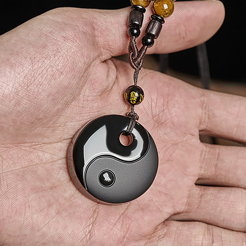 Yin Yang Symbol Om Mani Padme Hum Black Obsidian Strength Necklace Pendant