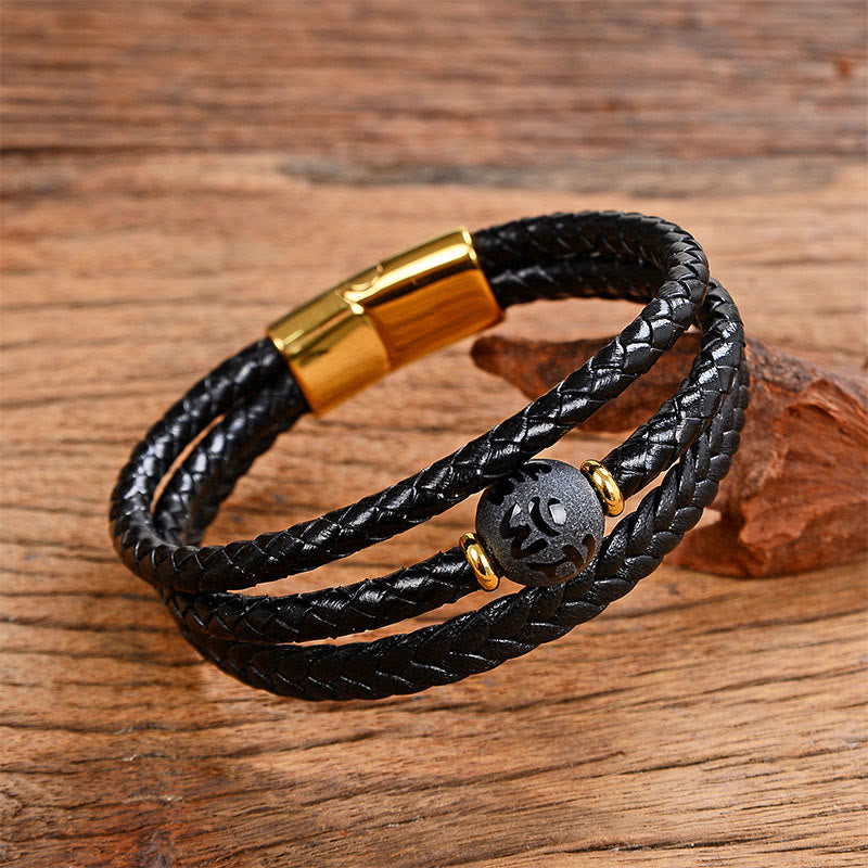 Multicolored Bead Green Tiger Eye Amethyst Craved Six True Words Leather Balance Bracelet