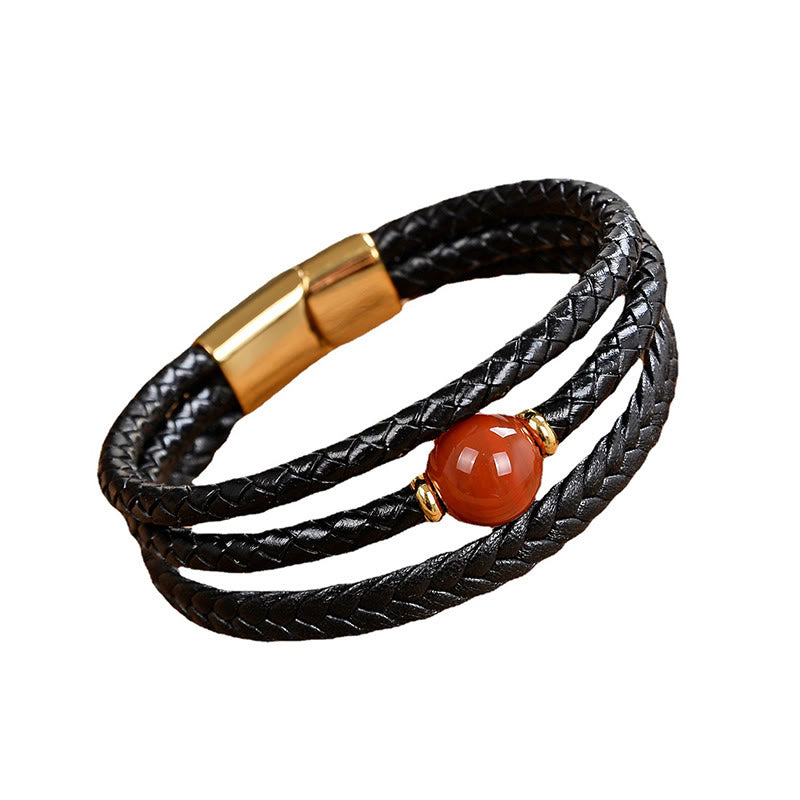 Multicolored Bead Green Tiger Eye Amethyst Craved Six True Words Leather Balance Bracelet