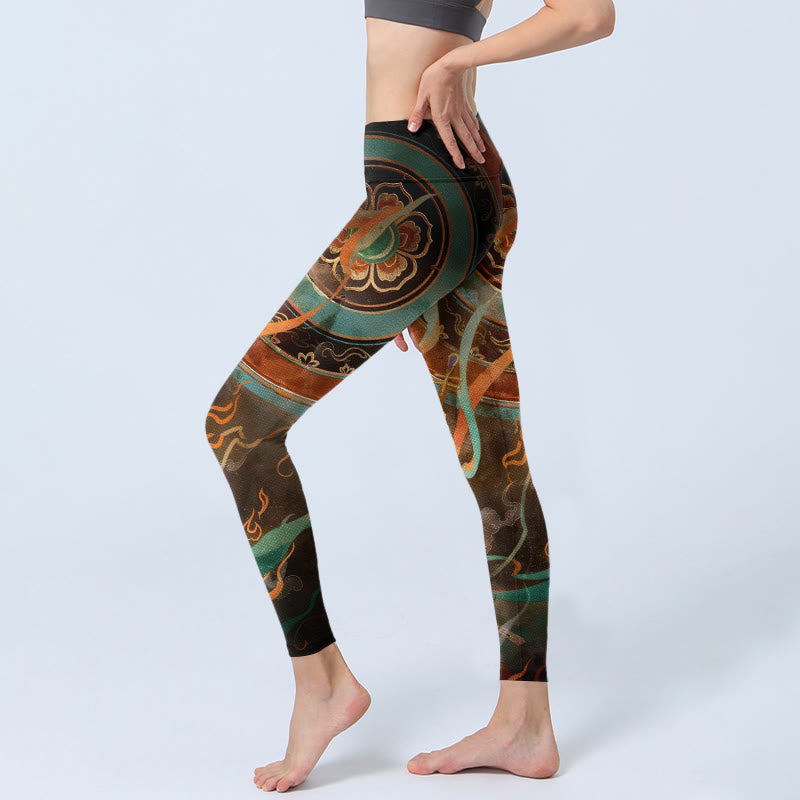 Colorful Fairy Lute Ribbon Flower Circle Pattern Print Gym Leggings Women's Yoga Pants
