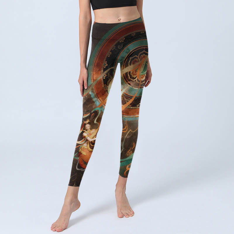 Colorful Fairy Lute Ribbon Flower Circle Pattern Print Gym Leggings Women's Yoga Pants