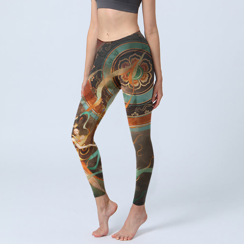 Colorful Fairy Lute Ribbon Flower Circle Pattern Print Gym Leggings Women's Yoga Pants