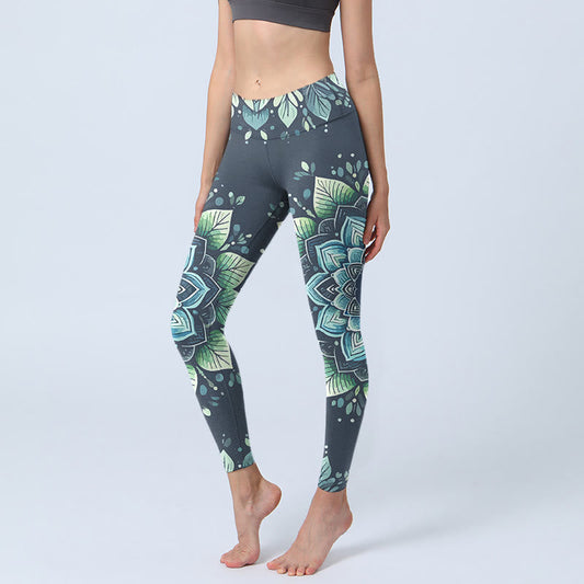 Symmetrical Om Symbol Flower Pattern Print Gym Leggings Women's Yoga Pants
