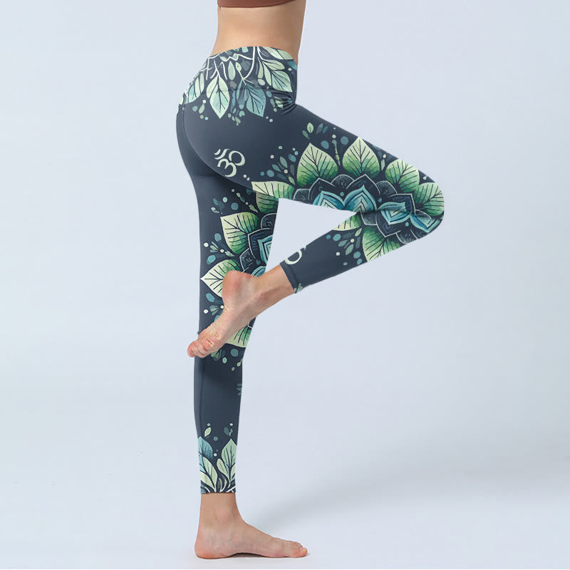 Symmetrical Om Symbol Flower Pattern Print Gym Leggings Women's Yoga Pants