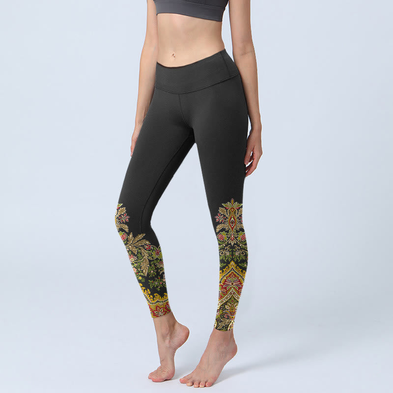Delicate Warm Tones Flower Leaf Pattern Print Gym Leggings Women's Yoga Pants