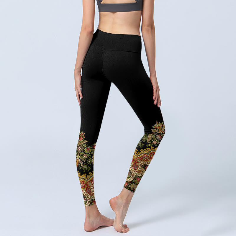 Delicate Warm Tones Flower Leaf Pattern Print Gym Leggings Women's Yoga Pants