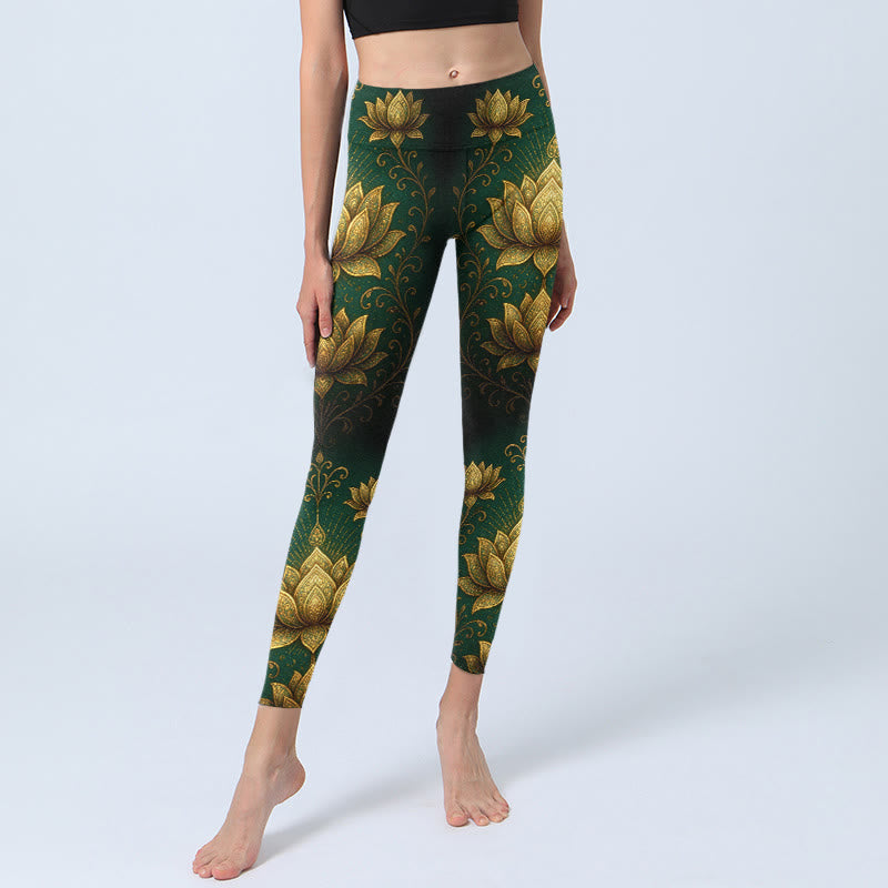 Golden Lotus Pattern Print Gym Leggings Women's Yoga Pants