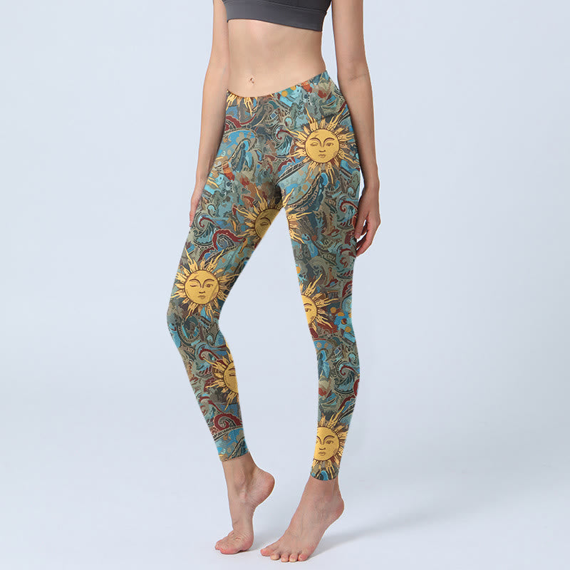 Golden Personified Sun Pattern Print Gym Leggings Women's Yoga Pants