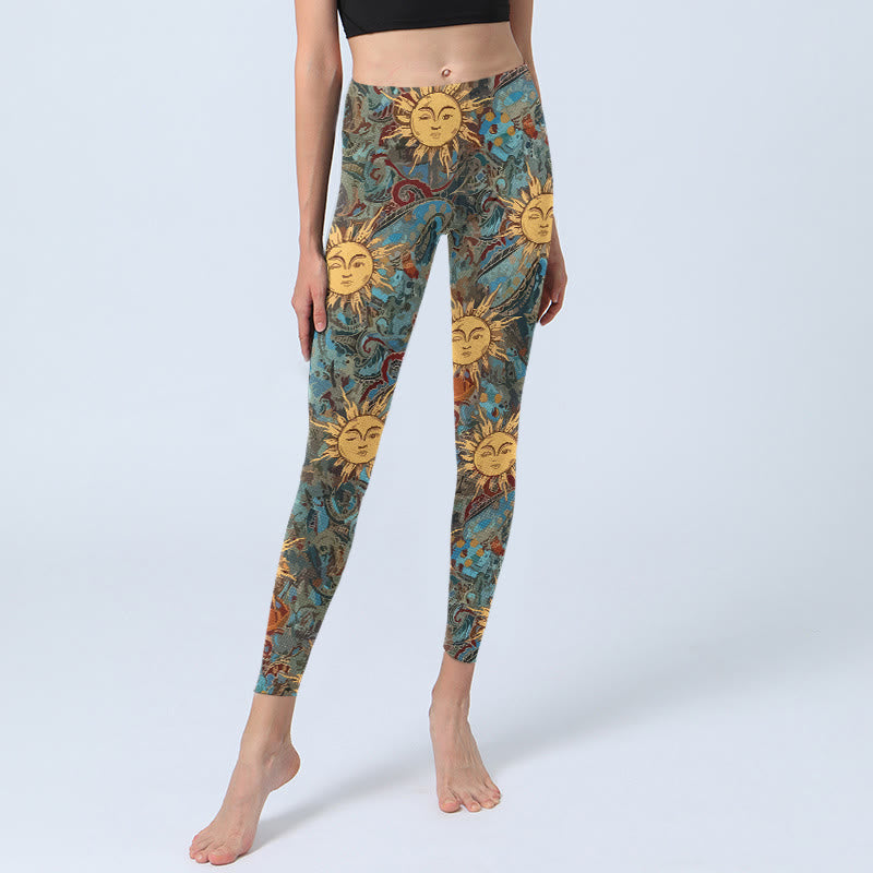 Golden Personified Sun Pattern Print Gym Leggings Women's Yoga Pants
