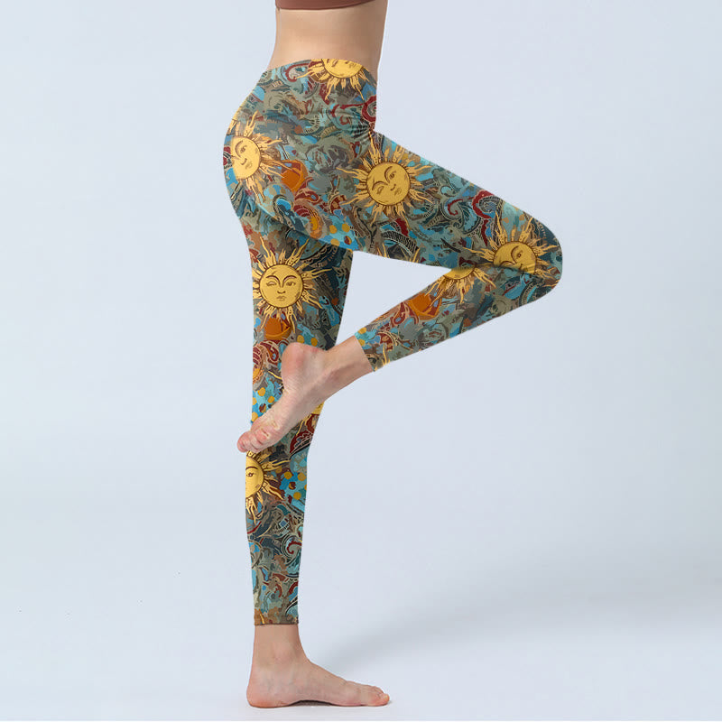 Golden Personified Sun Pattern Print Gym Leggings Women's Yoga Pants