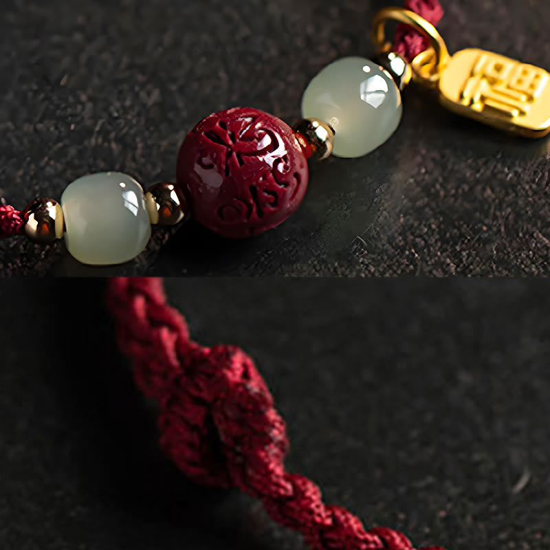 Fu Character Hetian Jade Bead Om Mani Padme Hum Cinnabar Red String Prosperity Bracelet