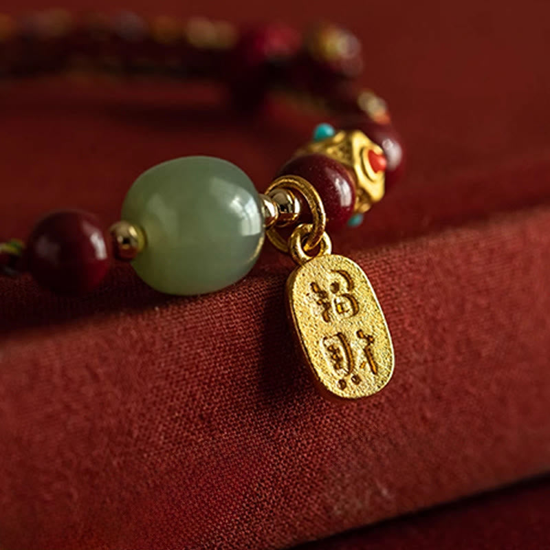 Lucky Fortune Charm Hetian Cyan Jade White Jade Multicolored Braided String Prosperity Bracelet
