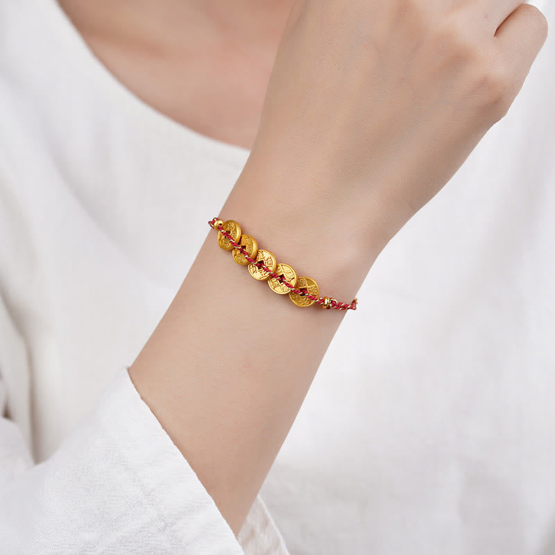 Five-Emperor Coins Copper Balance Hand-Woven String Bracelet