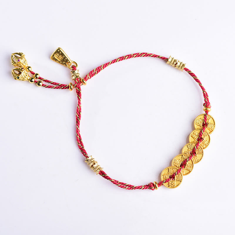 Five-Emperor Coins Copper Balance Hand-Woven String Bracelet