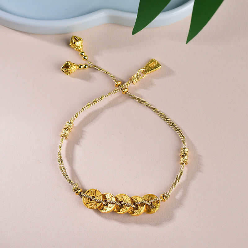 Five-Emperor Coins Copper Balance Hand-Woven String Bracelet