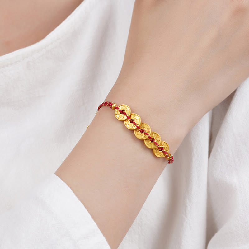 Five-Emperor Coins Copper Balance Hand-Woven String Bracelet