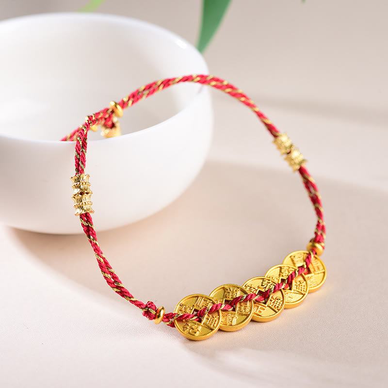 Five-Emperor Coins Copper Balance Hand-Woven String Bracelet