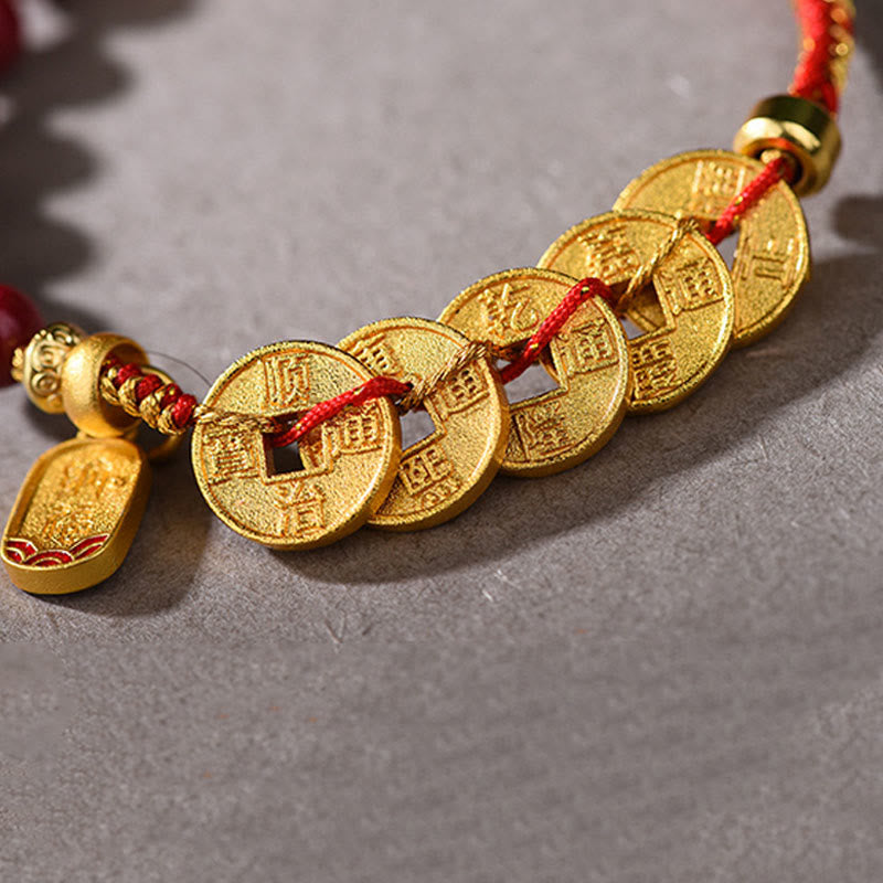 Five-Emperor Coins Copper Amethyst Cinnabar Black Red String Balance Attract Fortune Bracelet