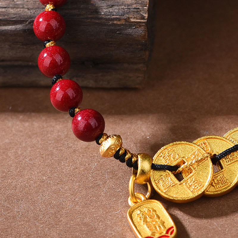 Five-Emperor Coins Copper Amethyst Cinnabar Black Red String Balance Attract Fortune Bracelet