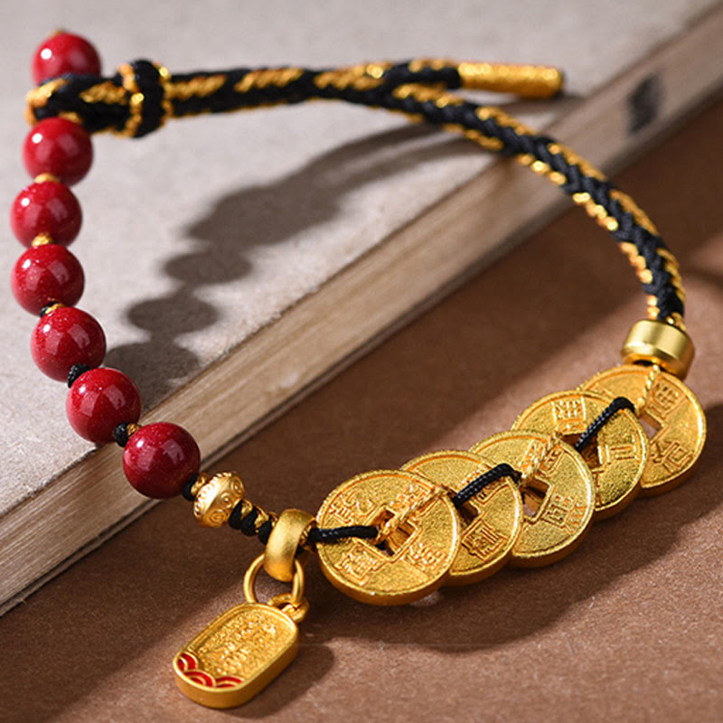 Five-Emperor Coins Copper Amethyst Cinnabar Black Red String Balance Attract Fortune Bracelet