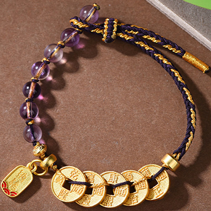 Five-Emperor Coins Copper Amethyst Cinnabar Black Red String Balance Attract Fortune Bracelet