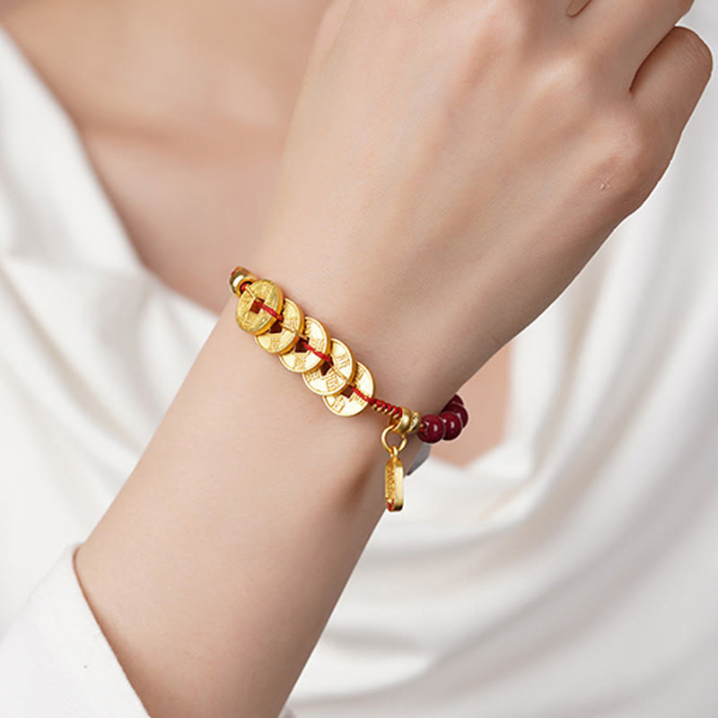 Five-Emperor Coins Copper Amethyst Cinnabar Black Red String Balance Attract Fortune Bracelet