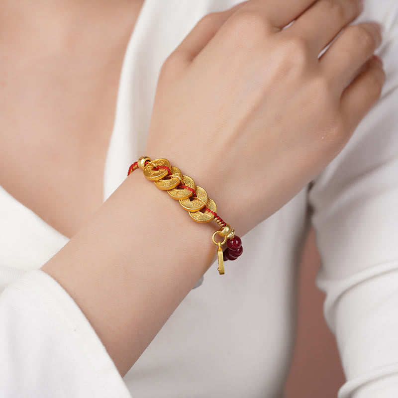 Five-Emperor Coins Copper Amethyst Cinnabar Black Red String Balance Attract Fortune Bracelet