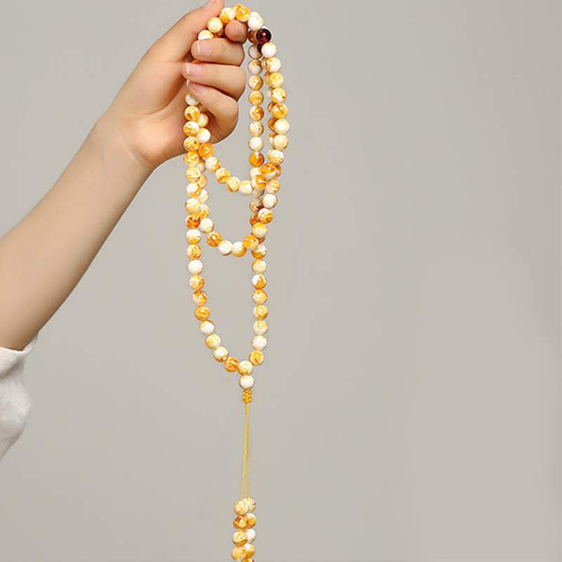 Tibetan White Yellow 108 Beads Amber Mala
