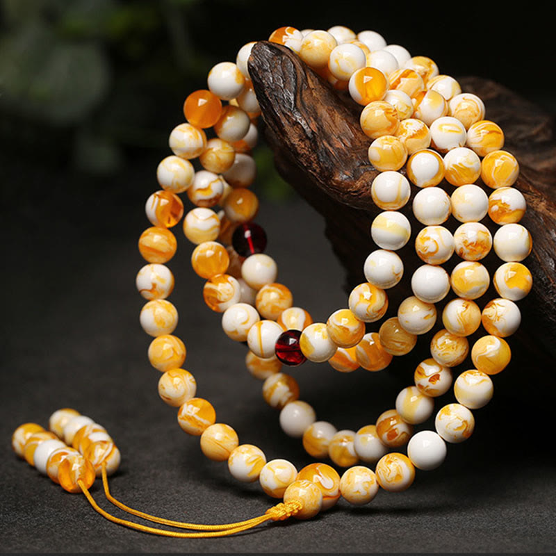 Tibetan White Yellow 108 Beads Amber Mala