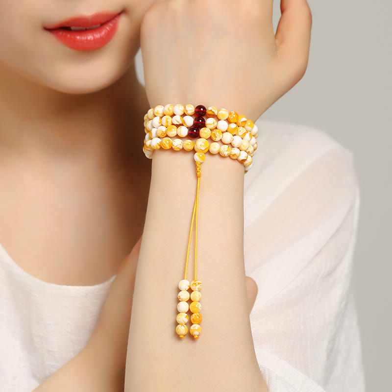 Tibetan White Yellow 108 Beads Amber Mala