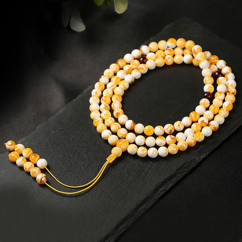 Tibetan White Yellow 108 Beads Amber Mala