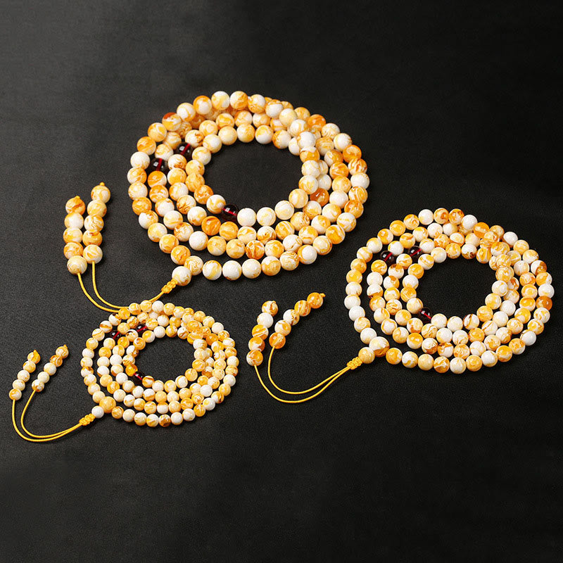 Tibetan White Yellow 108 Beads Amber Mala