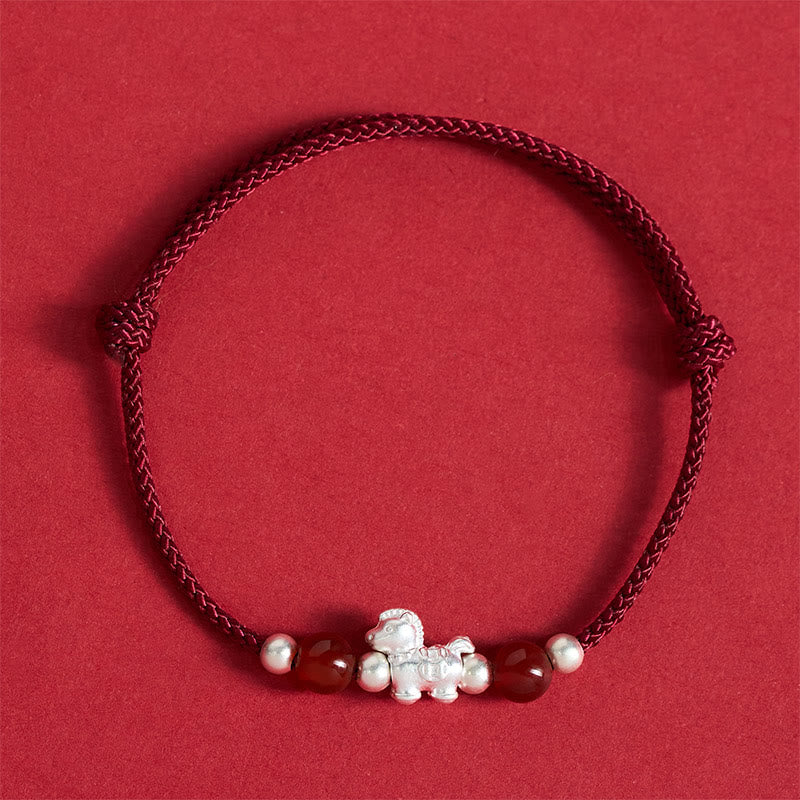 999 Sterling Silver Red Agate Year Of The Horse Prosperity String Bracelet