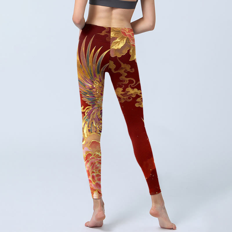 Gorgeous Phoenix Peony Cloud Pattern Print Gym Leggings Women's Yoga Pants