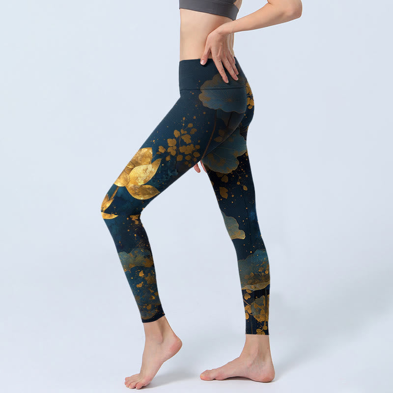 Elegant Dignified Lotus Flower Leaf Spot Pattern Print Gym Leggings Women's Yoga Pants